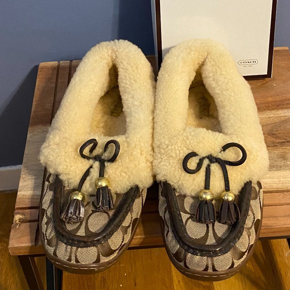 Coach Shoes - Coach Fiona Moccasin Canvas & Leather Slipper W/Shearling Interior